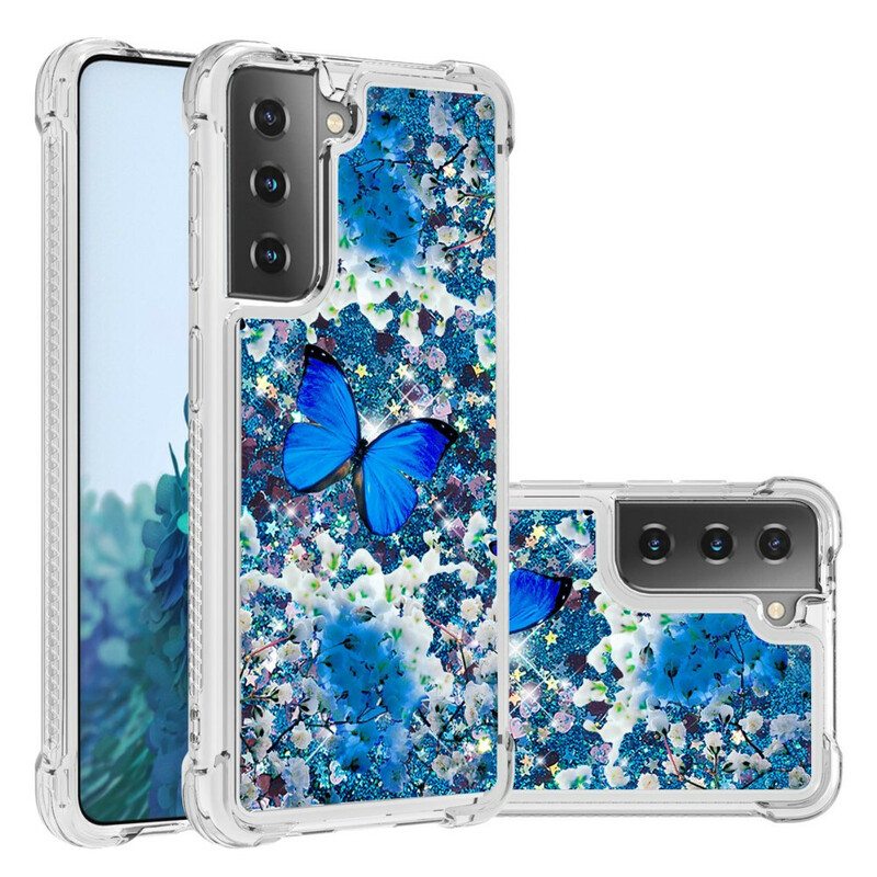 Kuori Samsung Galaxy S21 5G Glitter Blue Perhoset