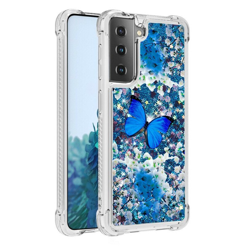 Kuori Samsung Galaxy S21 5G Glitter Blue Perhoset