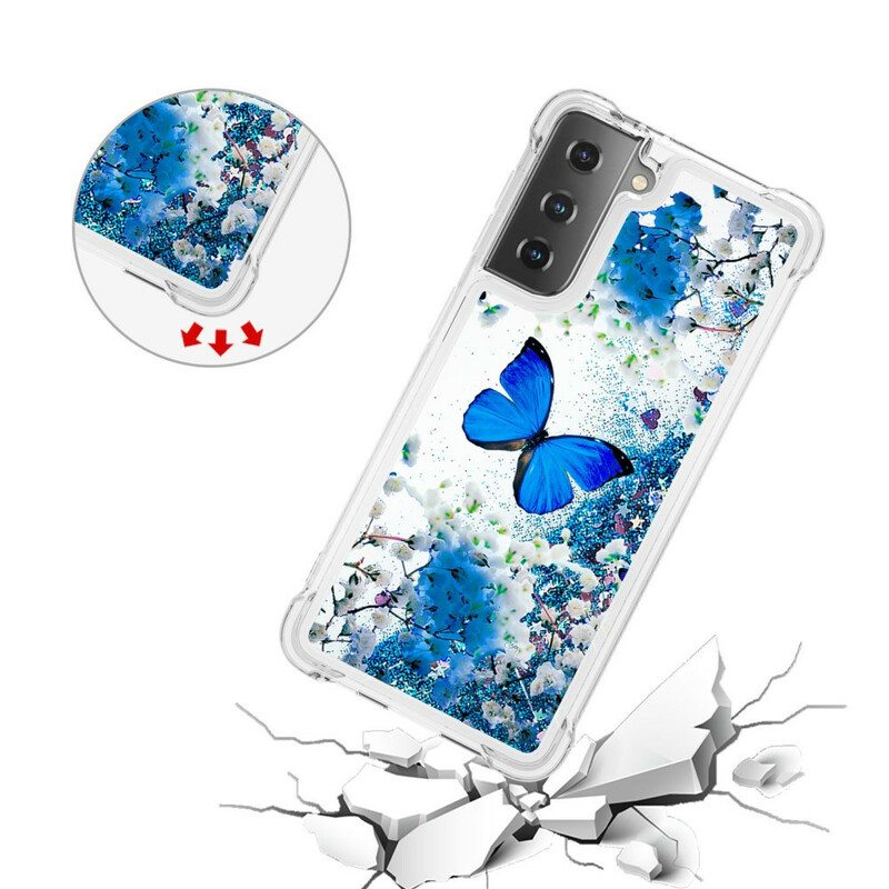 Kuori Samsung Galaxy S21 5G Glitter Blue Perhoset
