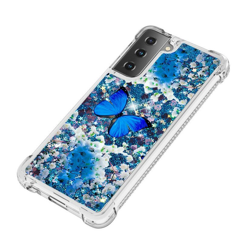 Kuori Samsung Galaxy S21 5G Glitter Blue Perhoset
