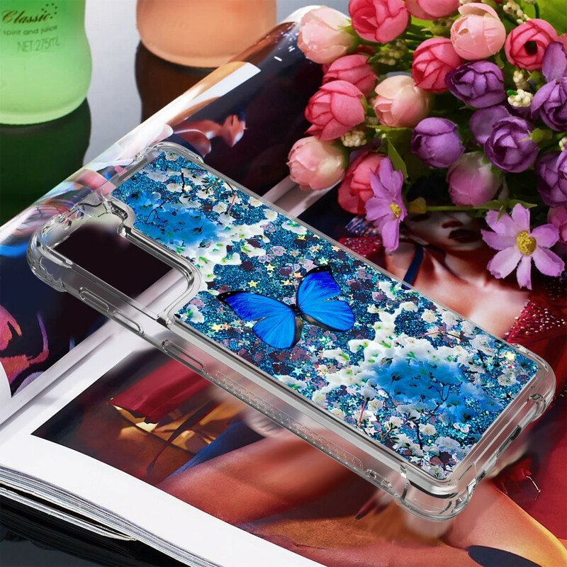 Kuori Samsung Galaxy S21 5G Glitter Blue Perhoset