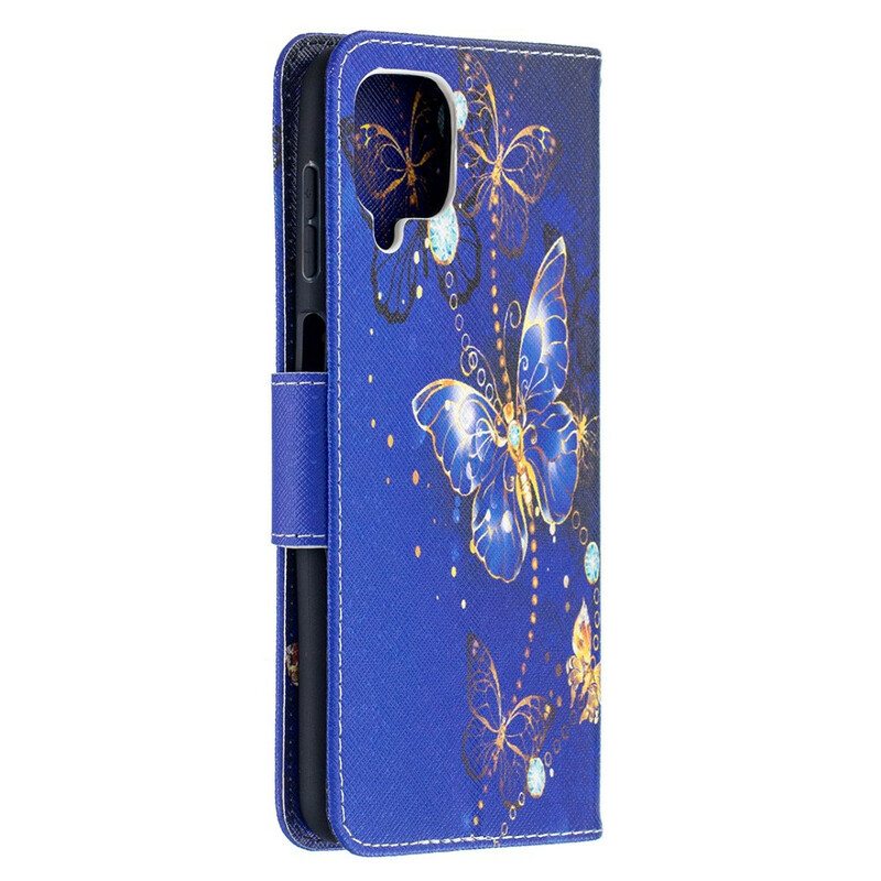 Nahkakotelo Samsung Galaxy M12 / A12 Kultaiset Perhoset