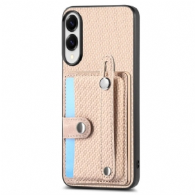 Kuori Samsung Galaxy S25 5g Edge Hiilikuitu Korttikotelolla Ja Hihnalla Varustettu Jalusta Suojakuori