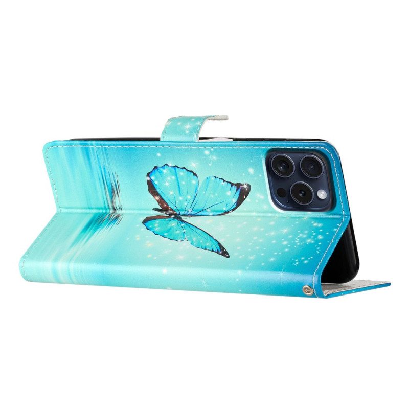 Nahkakotelo iPhone 16 Pro Max Sininen Perhonen Vedessä Hihnalla