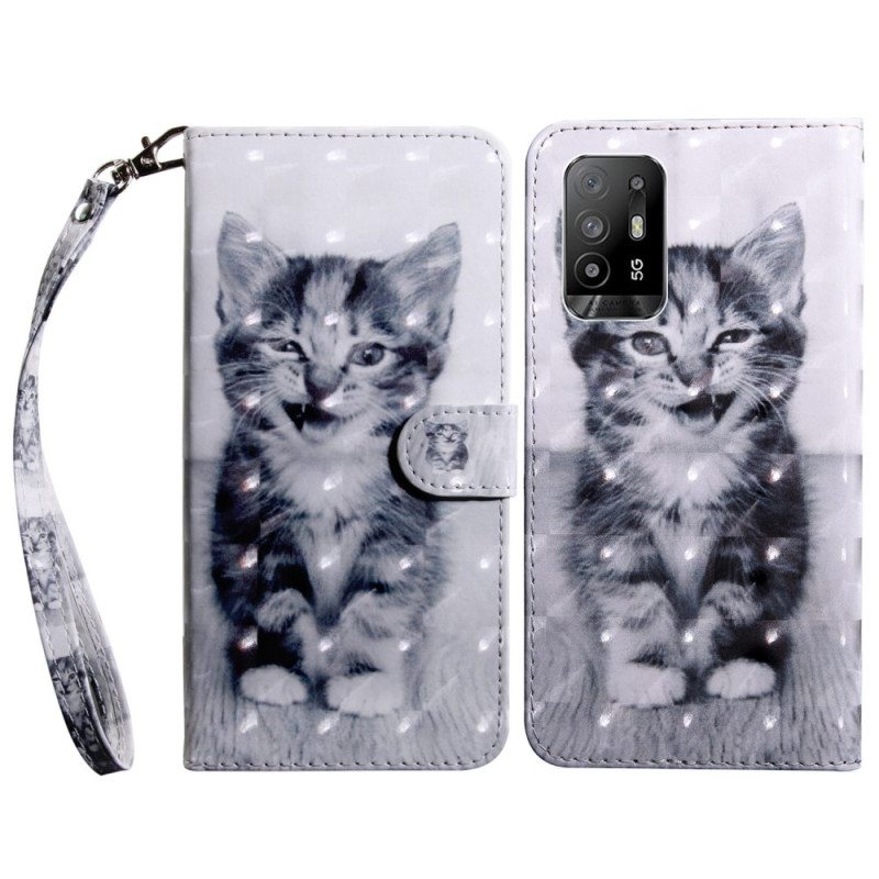 Nahkakotelo Oppo A94 5G Kissanpentu Kaulanauhalla