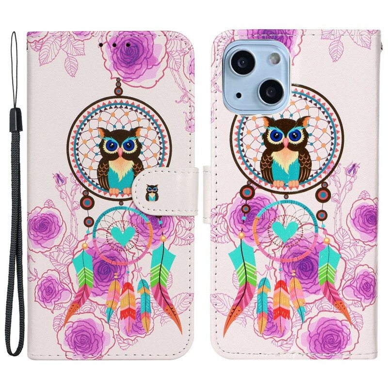 Flip Case iPhone 13 Mini Suojaketju Kuori Strappy Owl Mandala