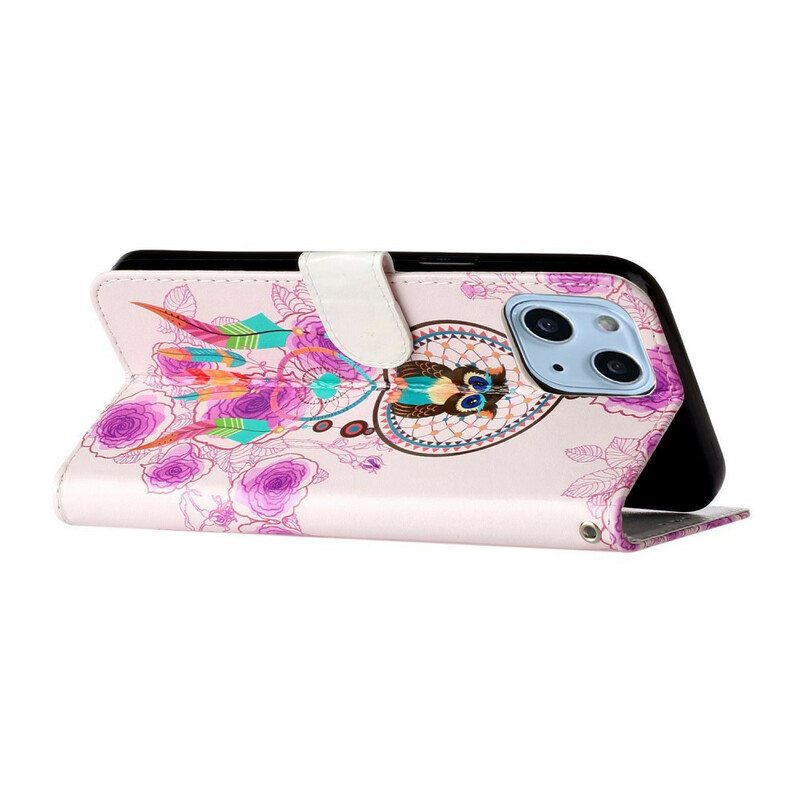 Flip Case iPhone 13 Mini Suojaketju Kuori Strappy Owl Mandala