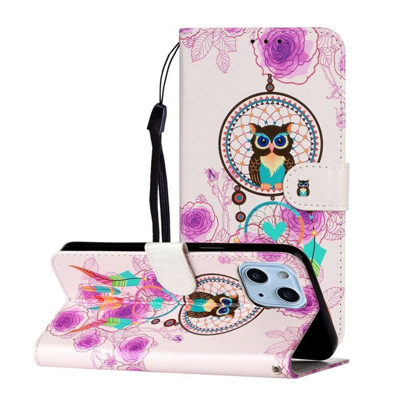 Flip Case iPhone 13 Mini Suojaketju Kuori Strappy Owl Mandala