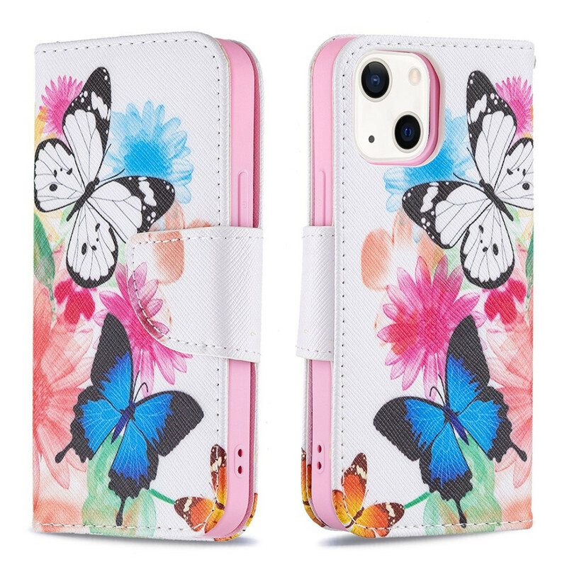 Kotelot iPhone 13 Mini Maalattuja Perhosia Ja Kukkia