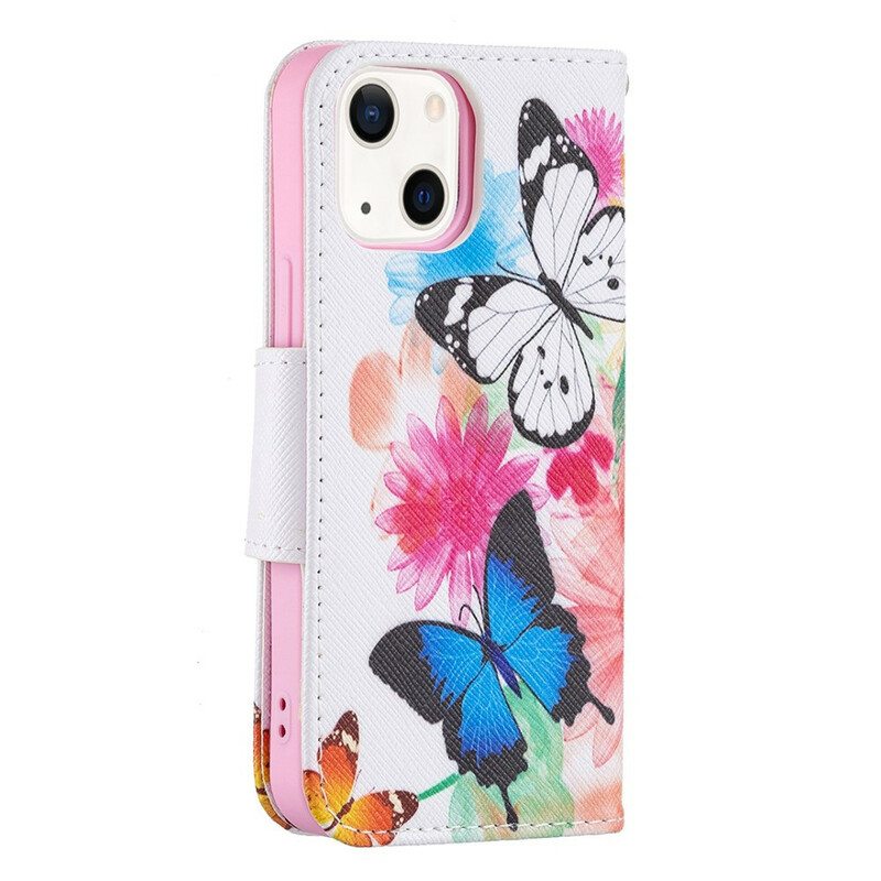 Kotelot iPhone 13 Mini Maalattuja Perhosia Ja Kukkia