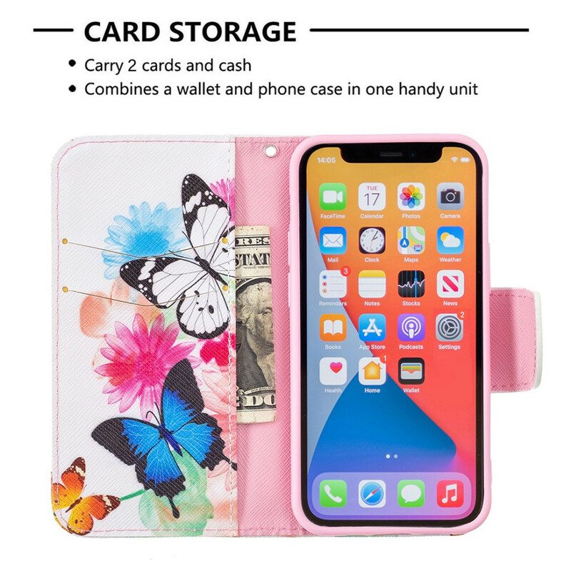 Kotelot iPhone 13 Mini Maalattuja Perhosia Ja Kukkia