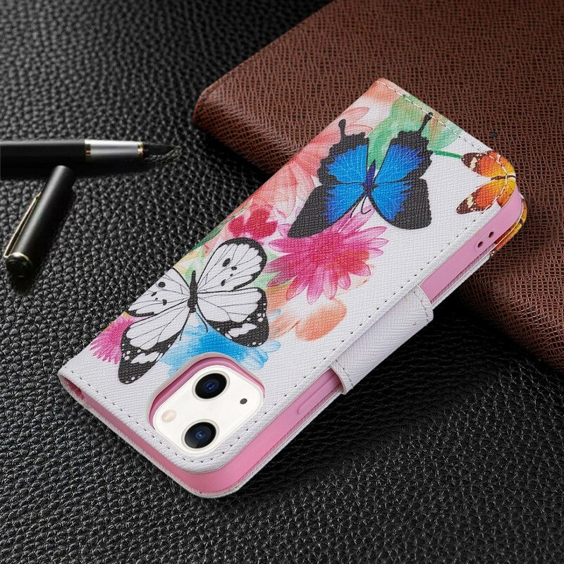 Kotelot iPhone 13 Mini Maalattuja Perhosia Ja Kukkia