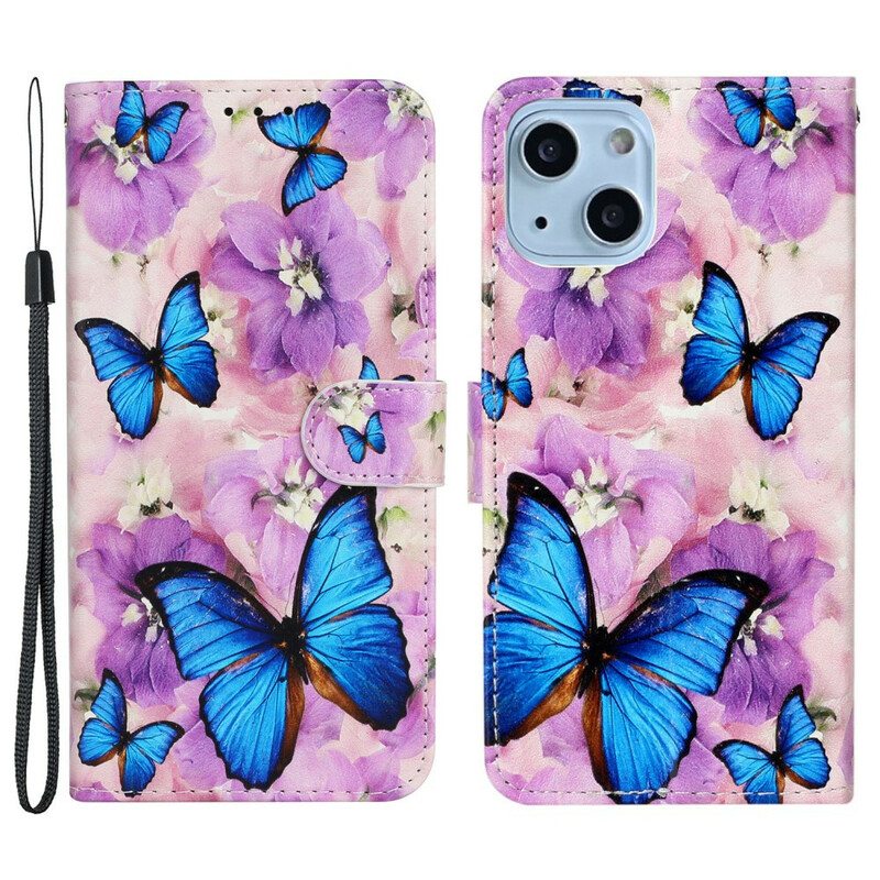 Kotelot iPhone 13 Mini Sinisiä Perhosia Kukissa