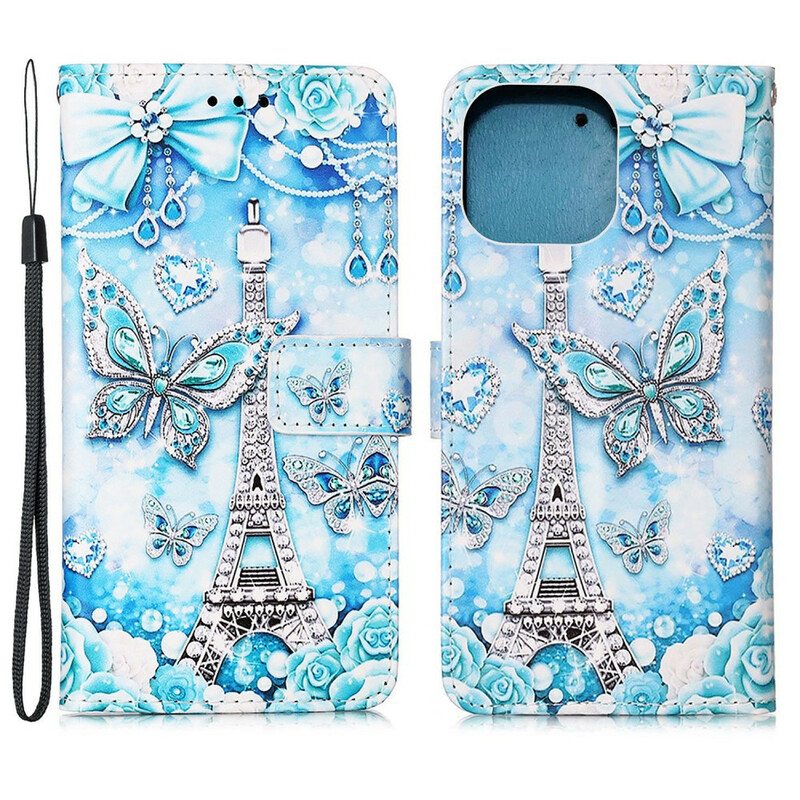 Kotelot iPhone 13 Mini Suojaketju Kuori Eiffel-tornin Perhoshihna