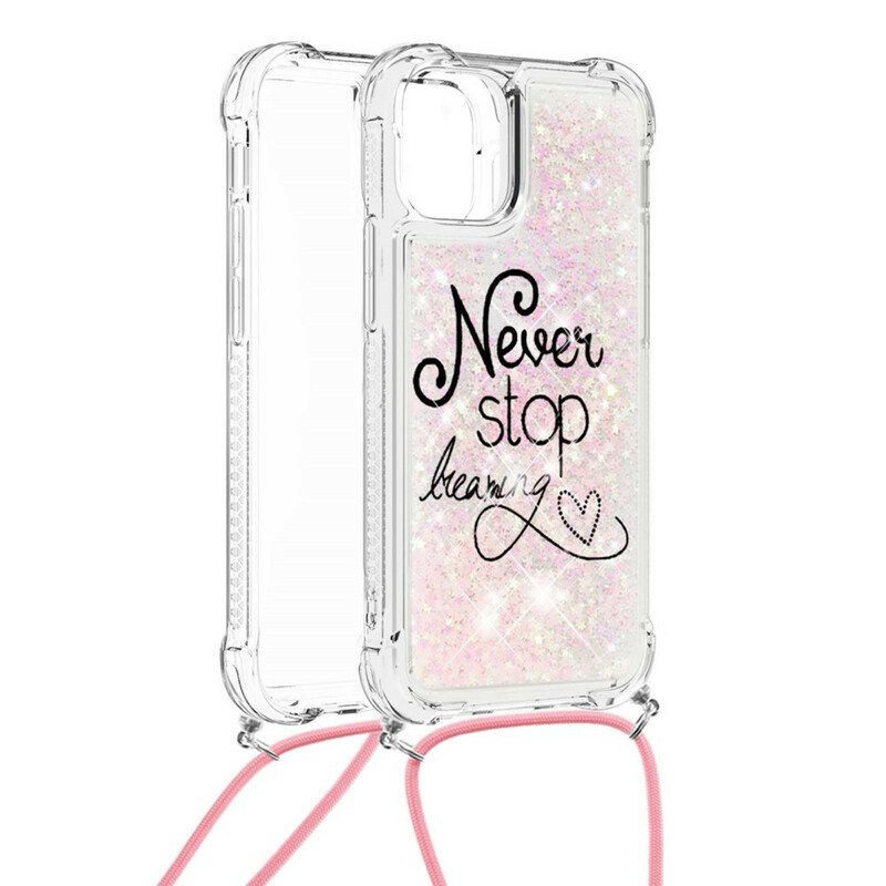 Kuori iPhone 13 Mini Kiristysnyörillä Älä Koskaan Lopeta Glitter-vetonauhaa