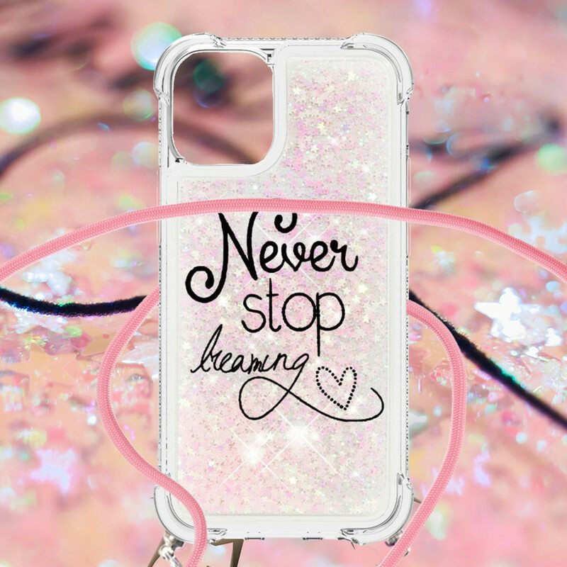 Kuori iPhone 13 Mini Kiristysnyörillä Älä Koskaan Lopeta Glitter-vetonauhaa