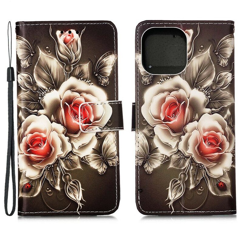 Nahkakotelo iPhone 13 Mini Kultaiset Ruusut