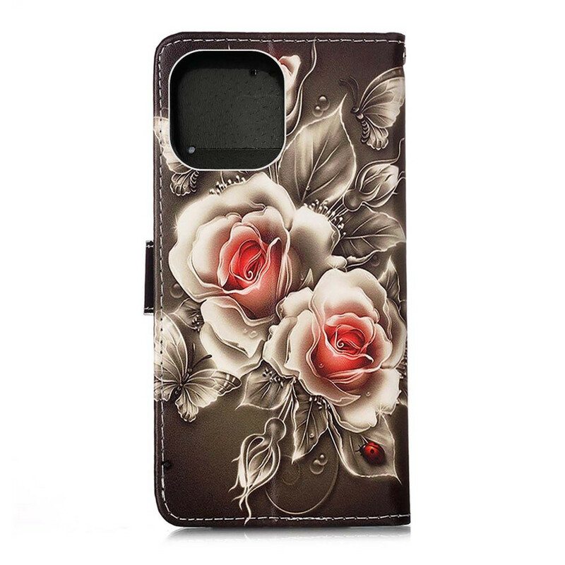 Nahkakotelo iPhone 13 Mini Kultaiset Ruusut