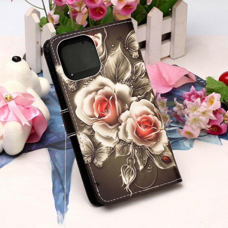 Nahkakotelo iPhone 13 Mini Kultaiset Ruusut