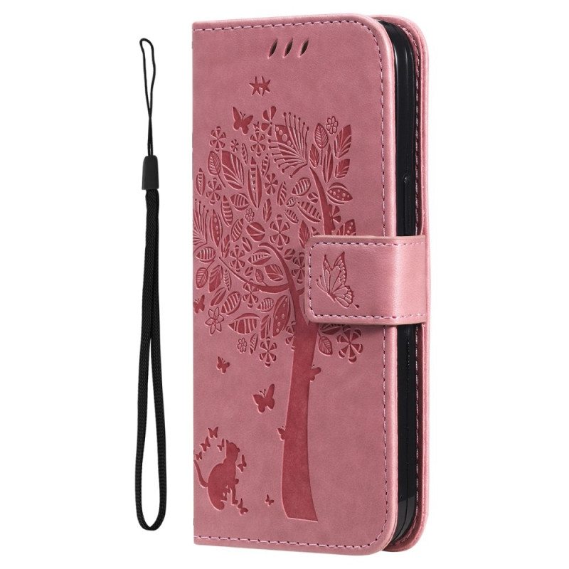 Nahkakotelo Samsung Galaxy A33 5G Suojaketju Kuori Tree Ja Strappy Cat