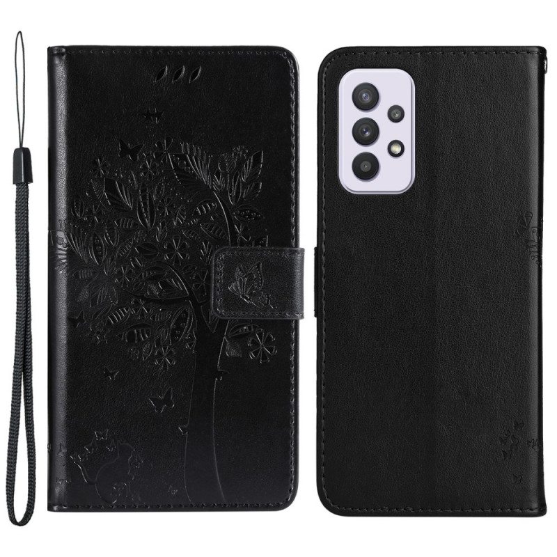 Nahkakotelo Samsung Galaxy A33 5G Suojaketju Kuori Tree Ja Strappy Cat