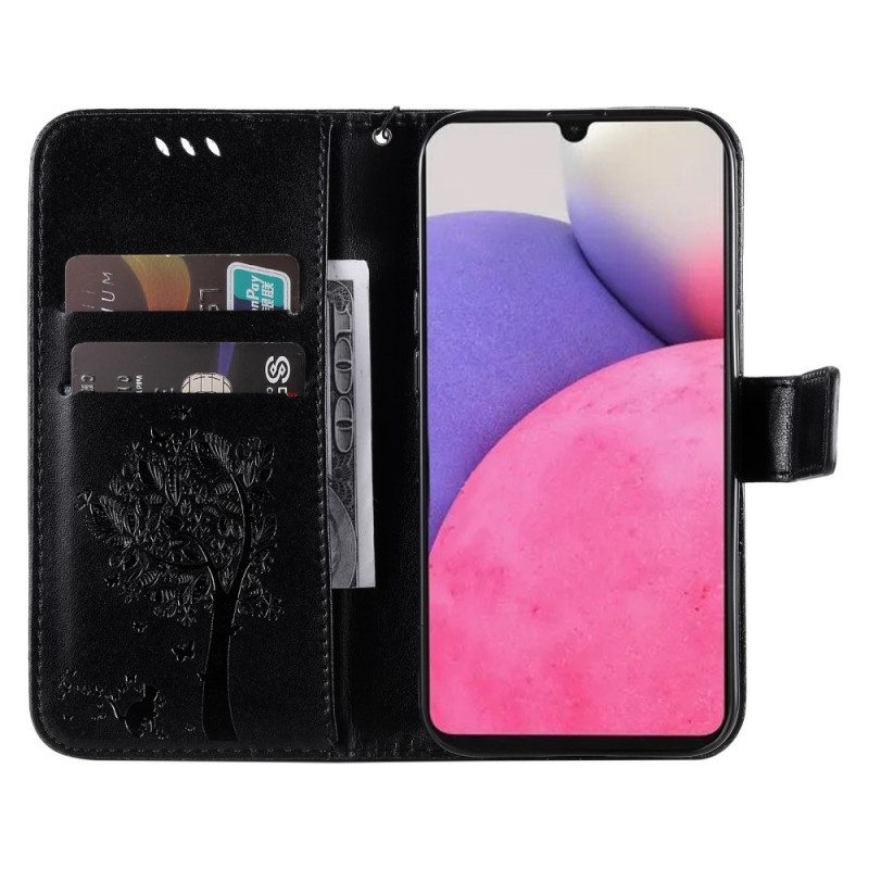 Nahkakotelo Samsung Galaxy A33 5G Suojaketju Kuori Tree Ja Strappy Cat