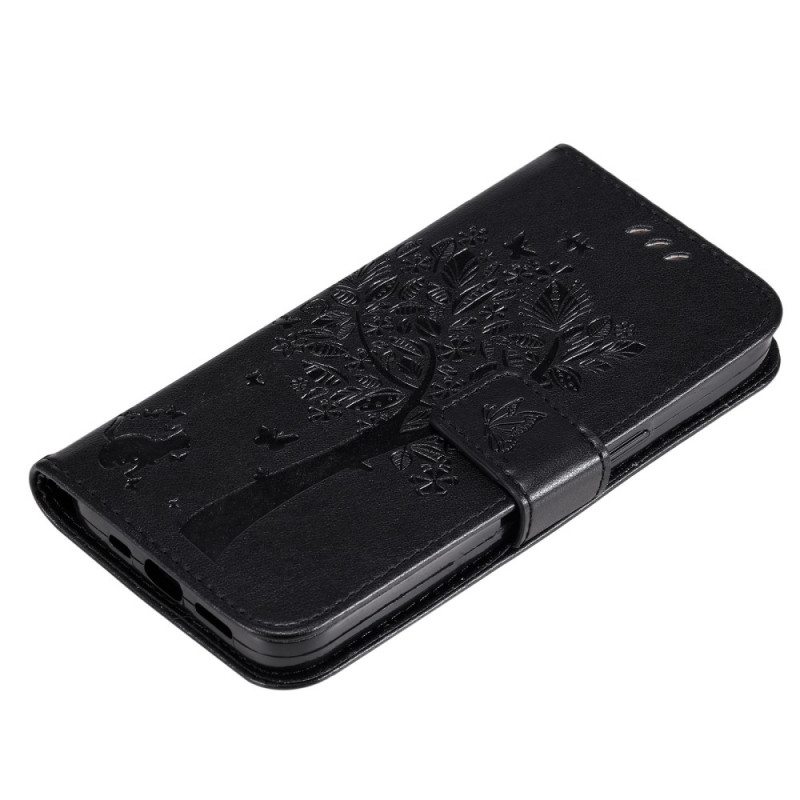 Nahkakotelo Samsung Galaxy A33 5G Suojaketju Kuori Tree Ja Strappy Cat