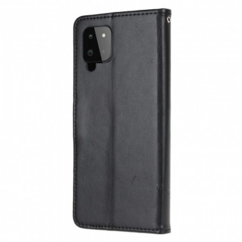 Nahkakotelo Samsung Galaxy A22 Suojaketju Kuori Stringit Perhosia Ja Kukkia