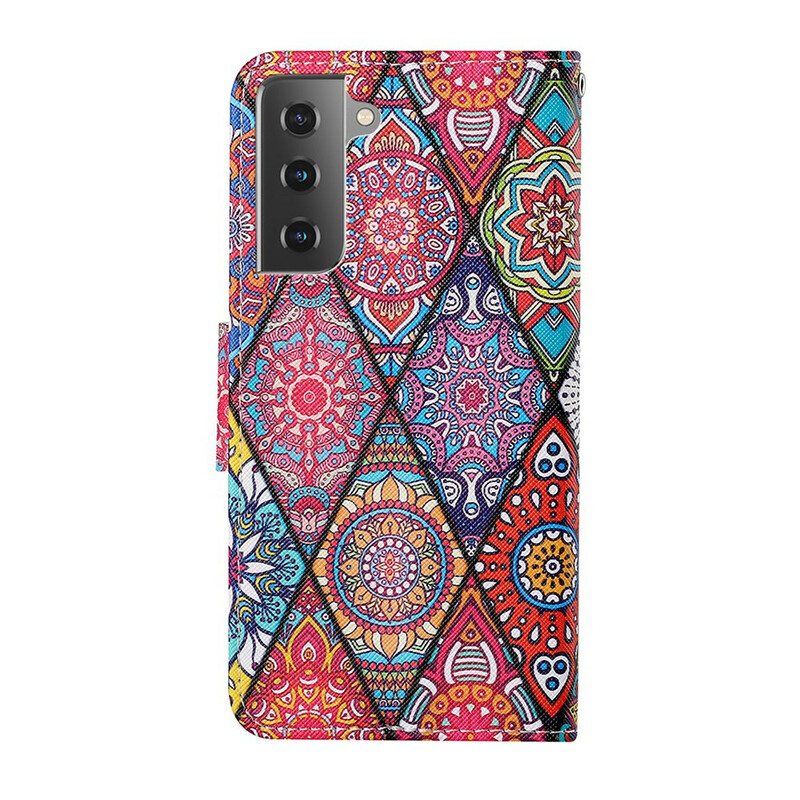 Kotelot Samsung Galaxy S21 FE Patchwork Kaulanauhalla