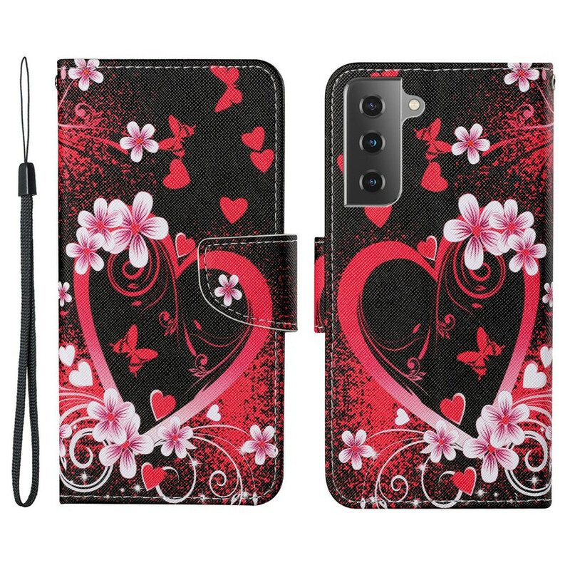 Nahkakotelo Samsung Galaxy S21 FE Kukkia Ja Sydämiä Kaulanauhalla