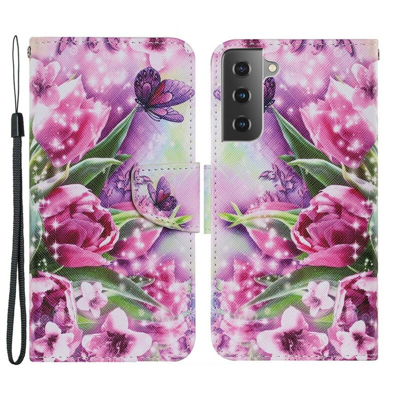 Nahkakotelo Samsung Galaxy S21 FE Perhosia Ja Tulppaanit