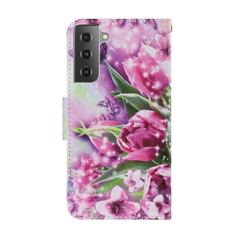 Nahkakotelo Samsung Galaxy S21 FE Perhosia Ja Tulppaanit