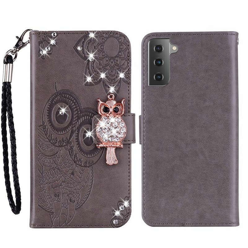 Nahkakotelo Samsung Galaxy S21 FE Pöllö Mandala Ja Charm