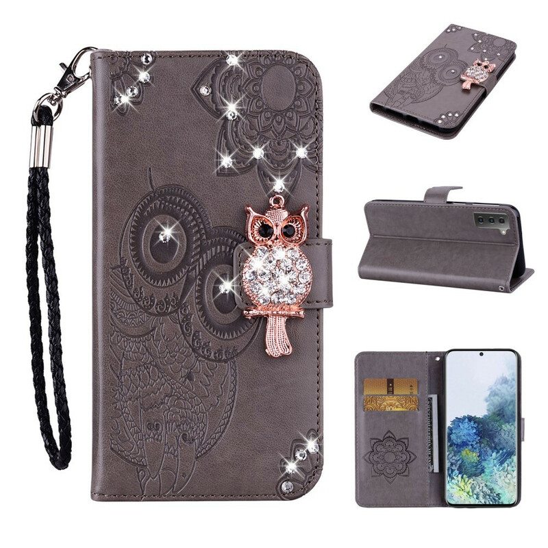 Nahkakotelo Samsung Galaxy S21 FE Pöllö Mandala Ja Charm