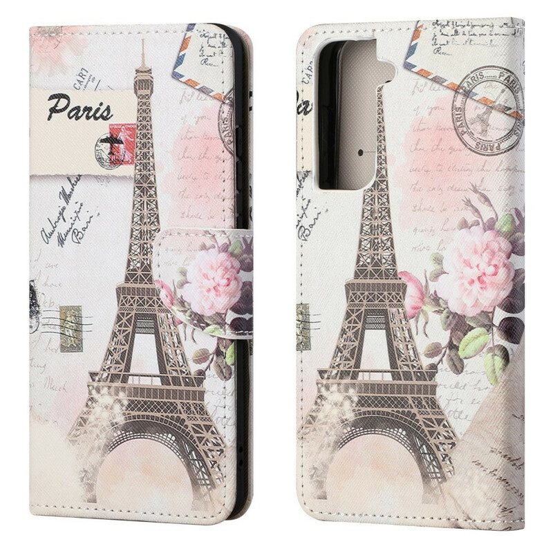 Nahkakotelo Samsung Galaxy S21 FE Retro Eiffel-torni
