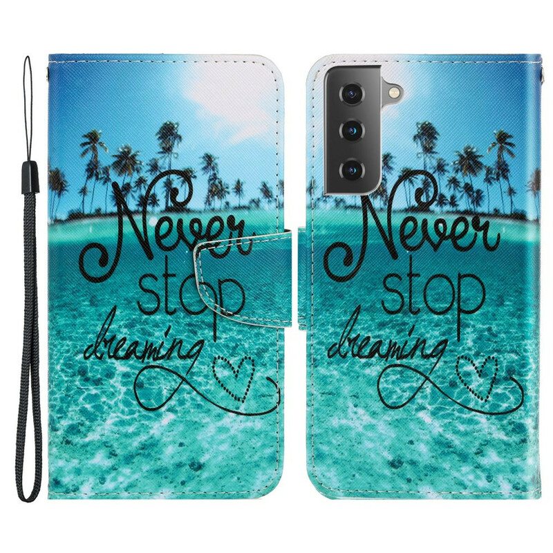 Nahkakotelo Samsung Galaxy S21 FE Suojaketju Kuori Älä Koskaan Lopeta Unelmointia Navy Strappy