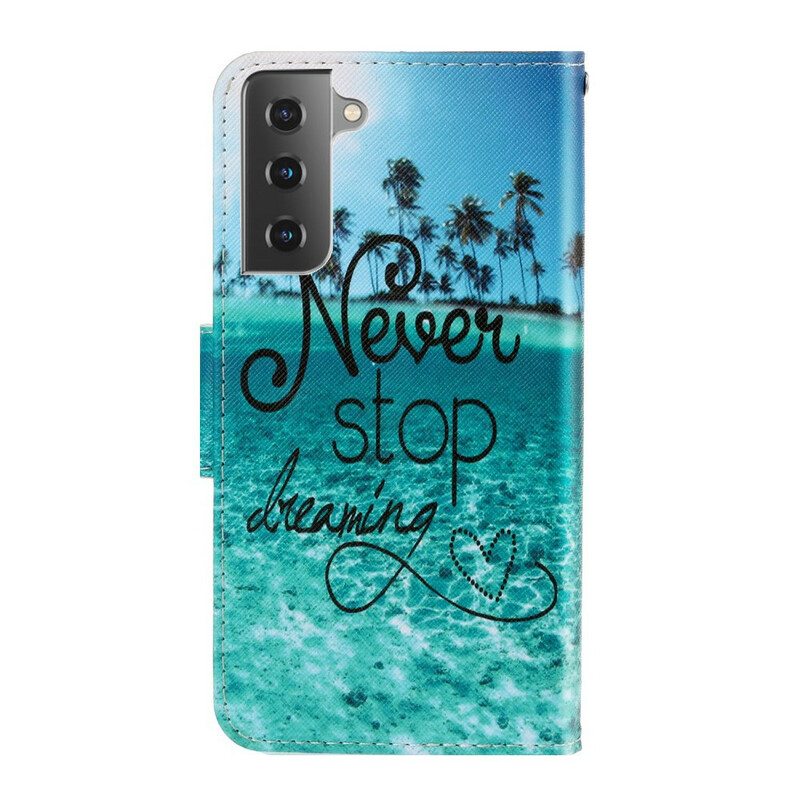 Nahkakotelo Samsung Galaxy S21 FE Suojaketju Kuori Älä Koskaan Lopeta Unelmointia Navy Strappy
