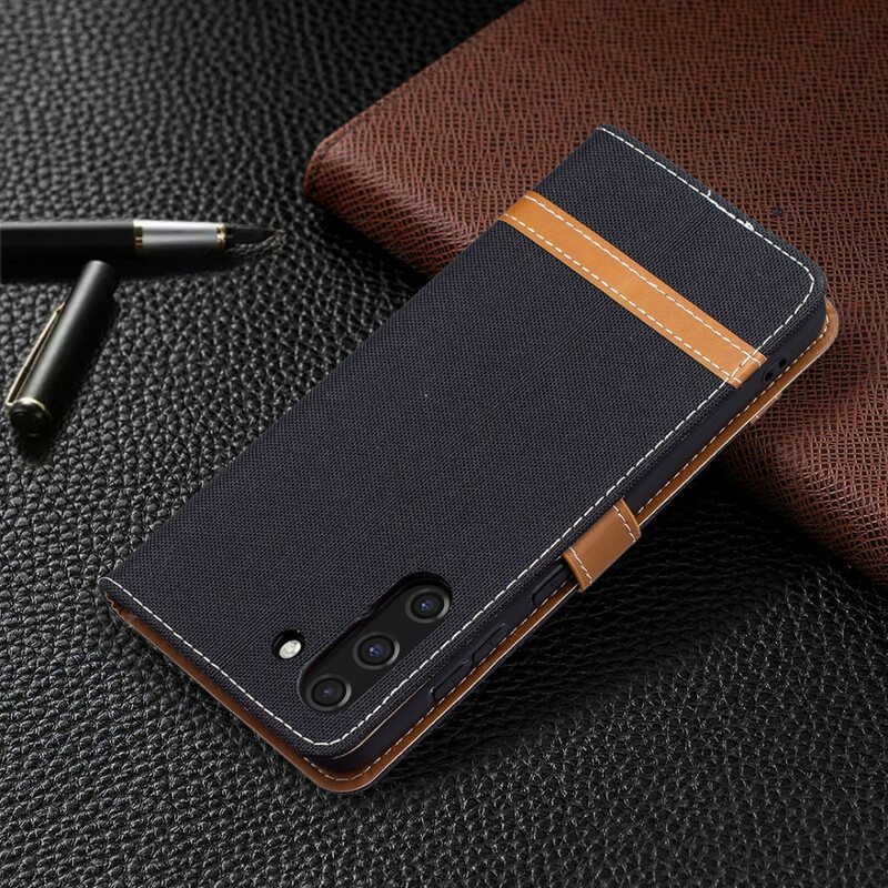 Nahkakotelo Samsung Galaxy S21 FE Suojaketju Kuori Kangas- Ja Nahkaefektihihna