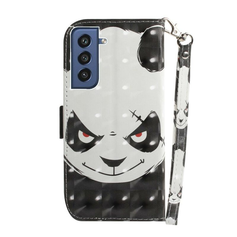 Nahkakotelo Samsung Galaxy S21 FE Suojaketju Kuori Vihainen Panda Kaulanauhan Kanssa