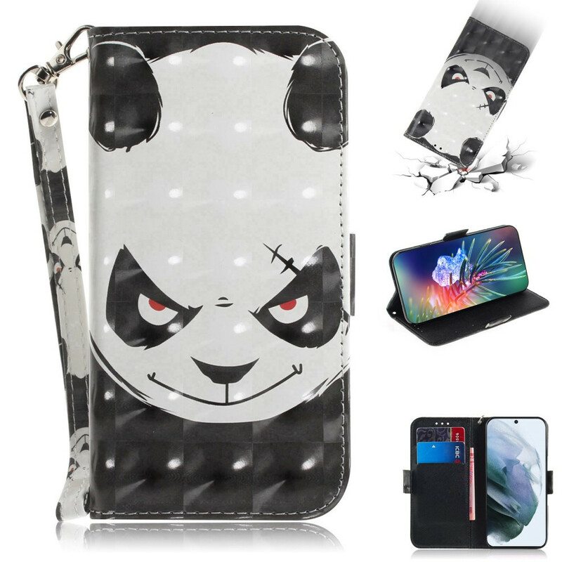 Nahkakotelo Samsung Galaxy S21 FE Suojaketju Kuori Vihainen Panda Kaulanauhan Kanssa