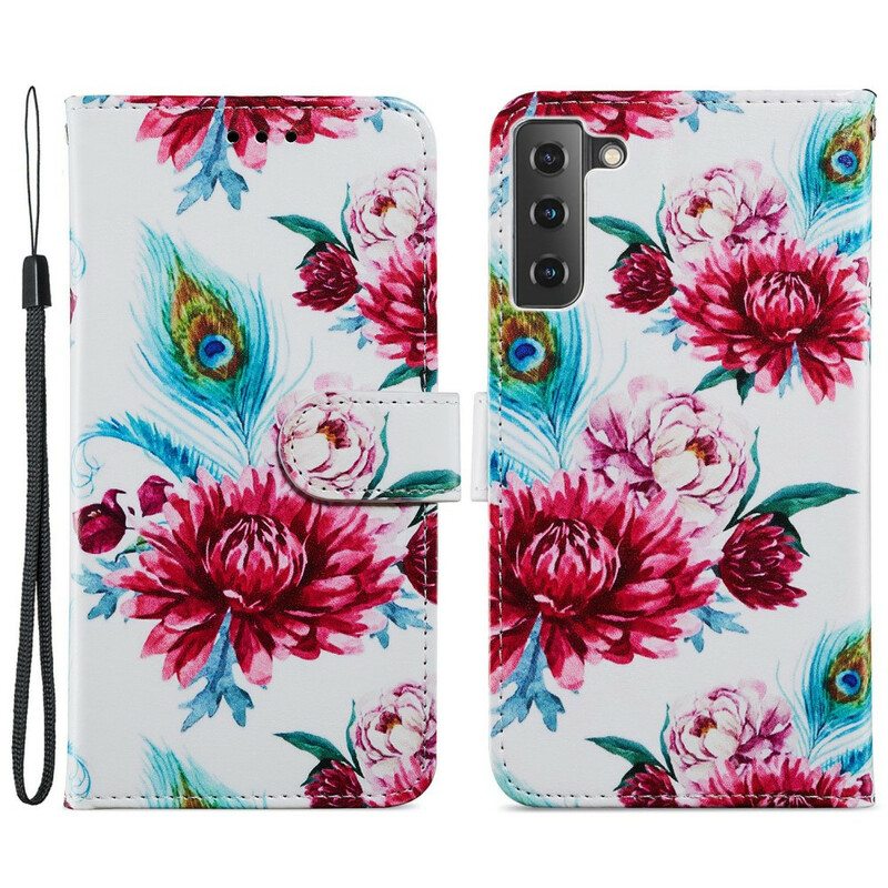Nahkakotelo Samsung Galaxy S21 FE Voimakkaat Kukat