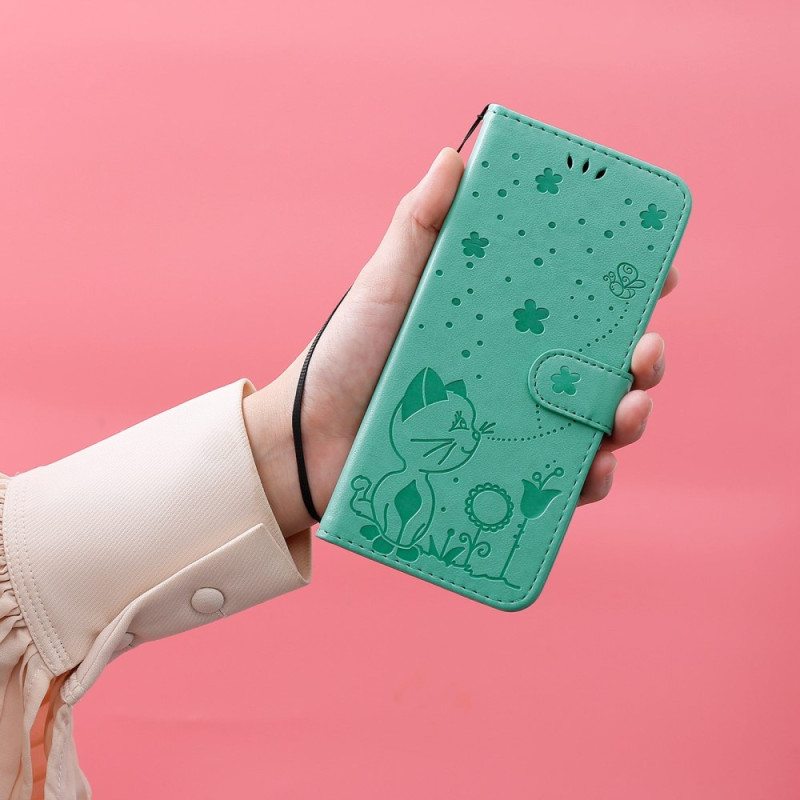 Nahkakotelo iPhone 14 Pro Max Suojaketju Kuori Strappy Kissa Ja Mehiläiset