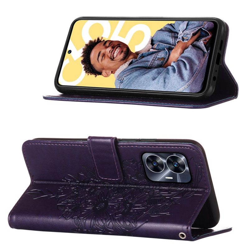 Kuoret Realme C55 Perhoskuvioinen Kukkakuvioinen Hihnalompakko