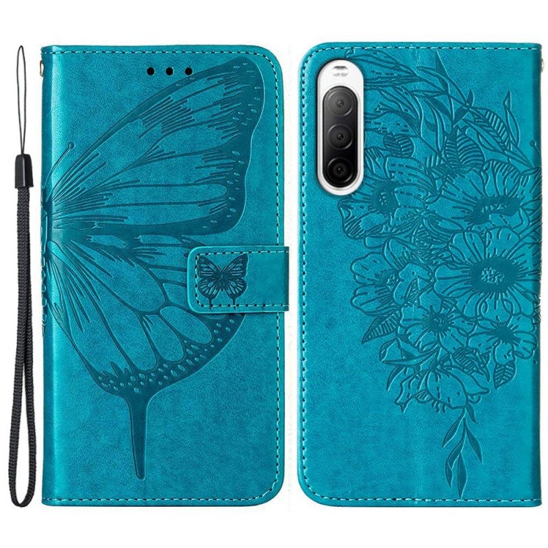 Flip Case Sony Xperia 10 IV Perhonen Kaulanauhalla