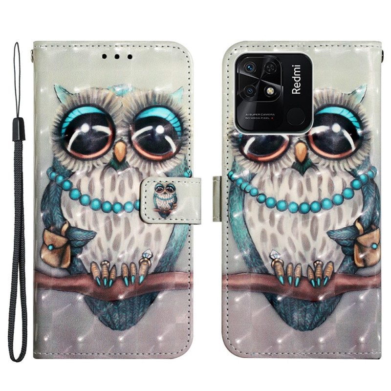 Flip Case Xiaomi Redmi 10C Suojaketju Kuori Neiti Pöllö Hihnalla