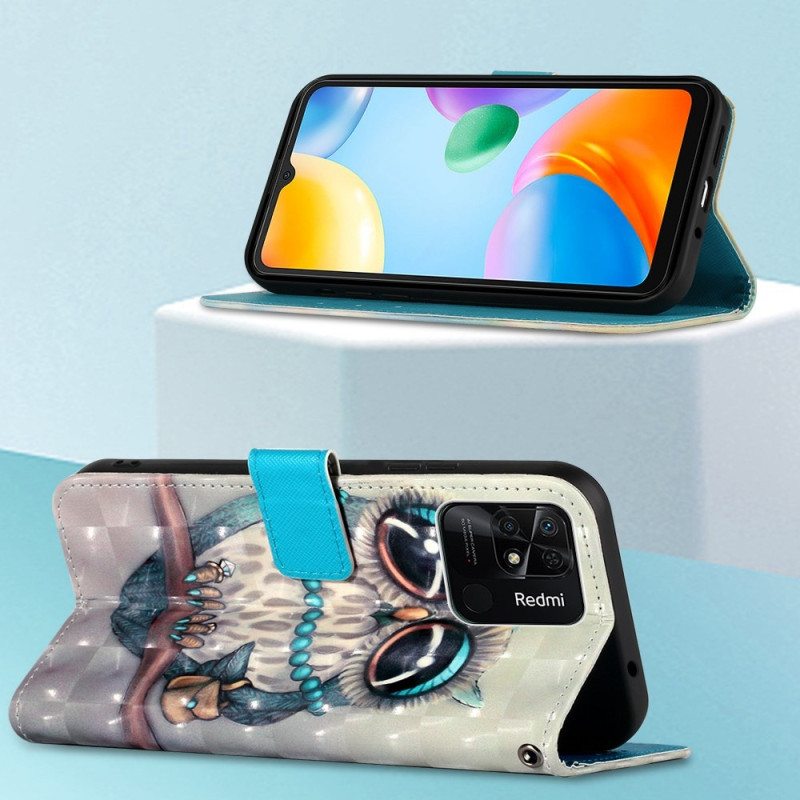 Flip Case Xiaomi Redmi 10C Suojaketju Kuori Neiti Pöllö Hihnalla