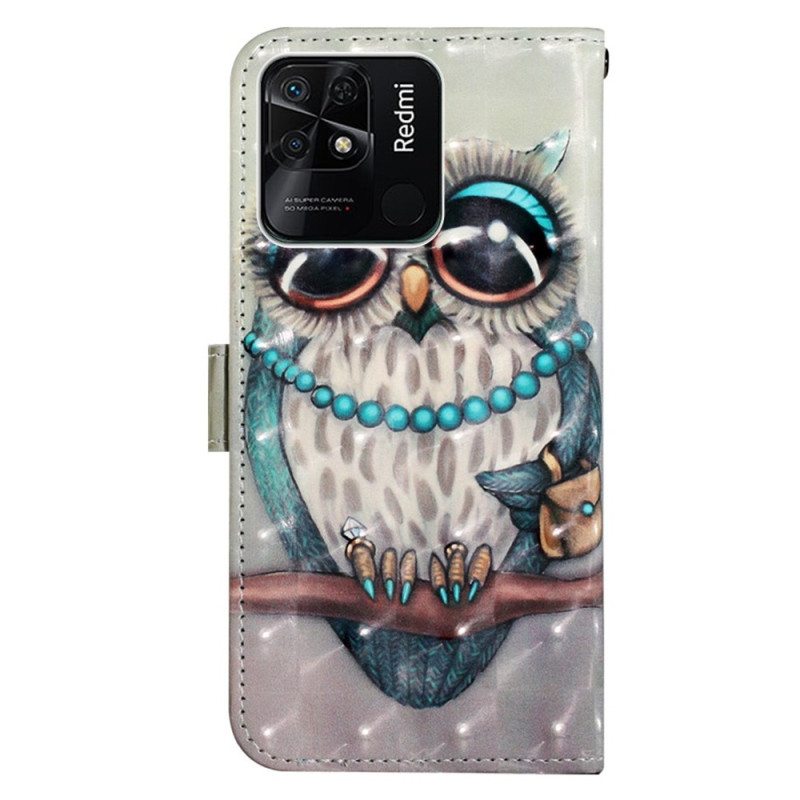 Flip Case Xiaomi Redmi 10C Suojaketju Kuori Neiti Pöllö Hihnalla