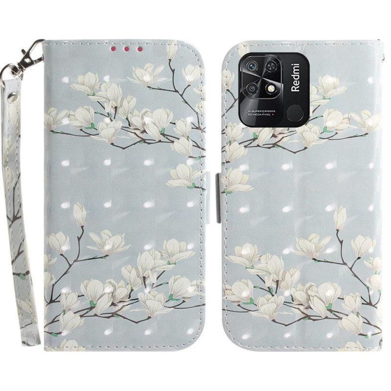 Kotelot Xiaomi Redmi 10C Suojaketju Kuori Strappy Valkoiset Kukat