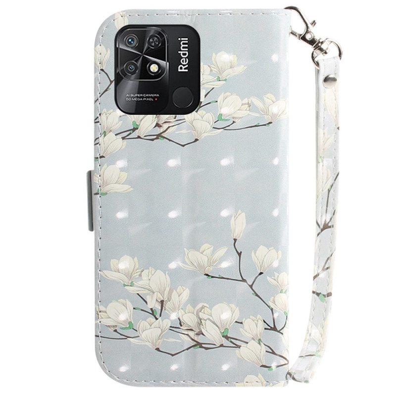 Kotelot Xiaomi Redmi 10C Suojaketju Kuori Strappy Valkoiset Kukat