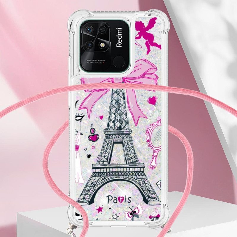 Kuori Xiaomi Redmi 10C Kiristysnyörillä Eiffel-tornin Kimaltava Kiristysnyöri